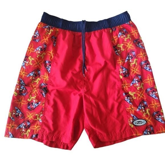 Disney Store Mickey Surf Mens Swim Shorts Large Trunks Board Shorts Red Palm Tre - Picture 1 of 5